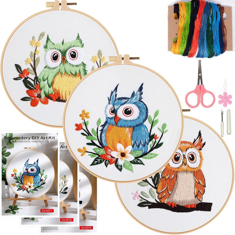 COCOMOX 3 Sets Embroidery Kit, Hand Embroidery Stiches Practice Kit for Beginners Adults, Owl Embroidery Kit Craft Lover Hand Stitch with Embroidery Skill Techniques - Image 1